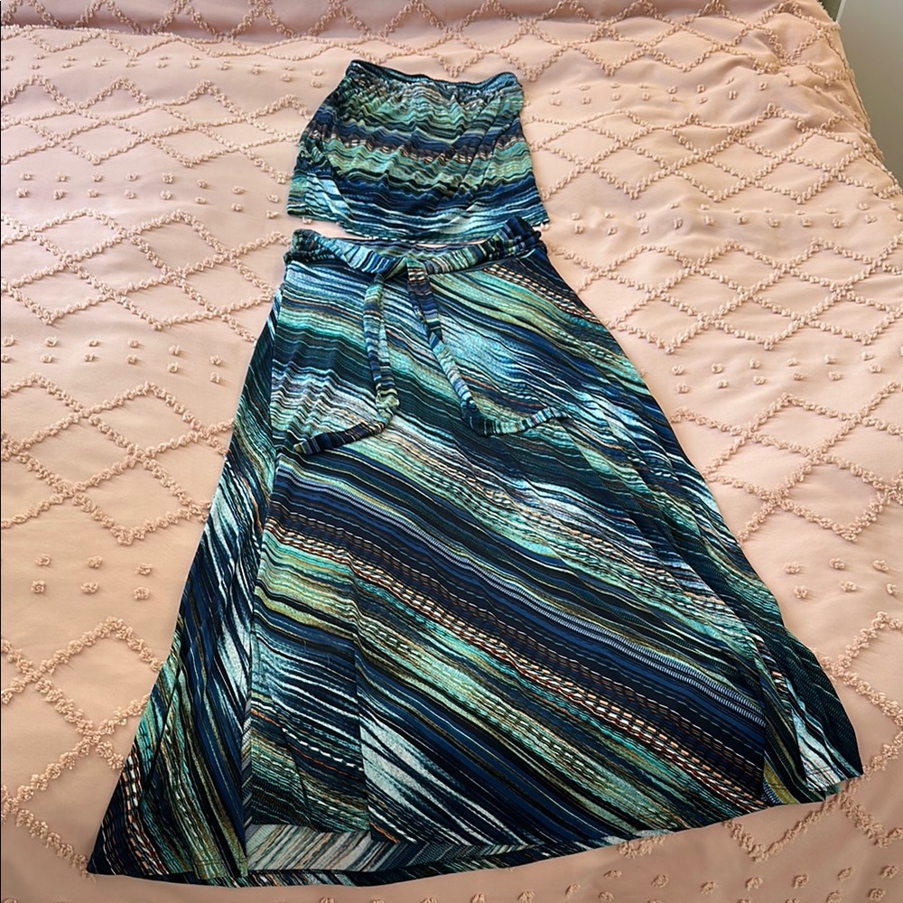 Striped Maxi Skirt and Top in Blue and Green